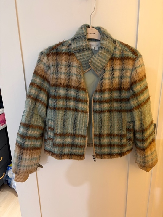 Anthropologie Jackets & Blazers - Anthropologie Fuzzy Plaid Bomber Jacket in Sage Green and Brown